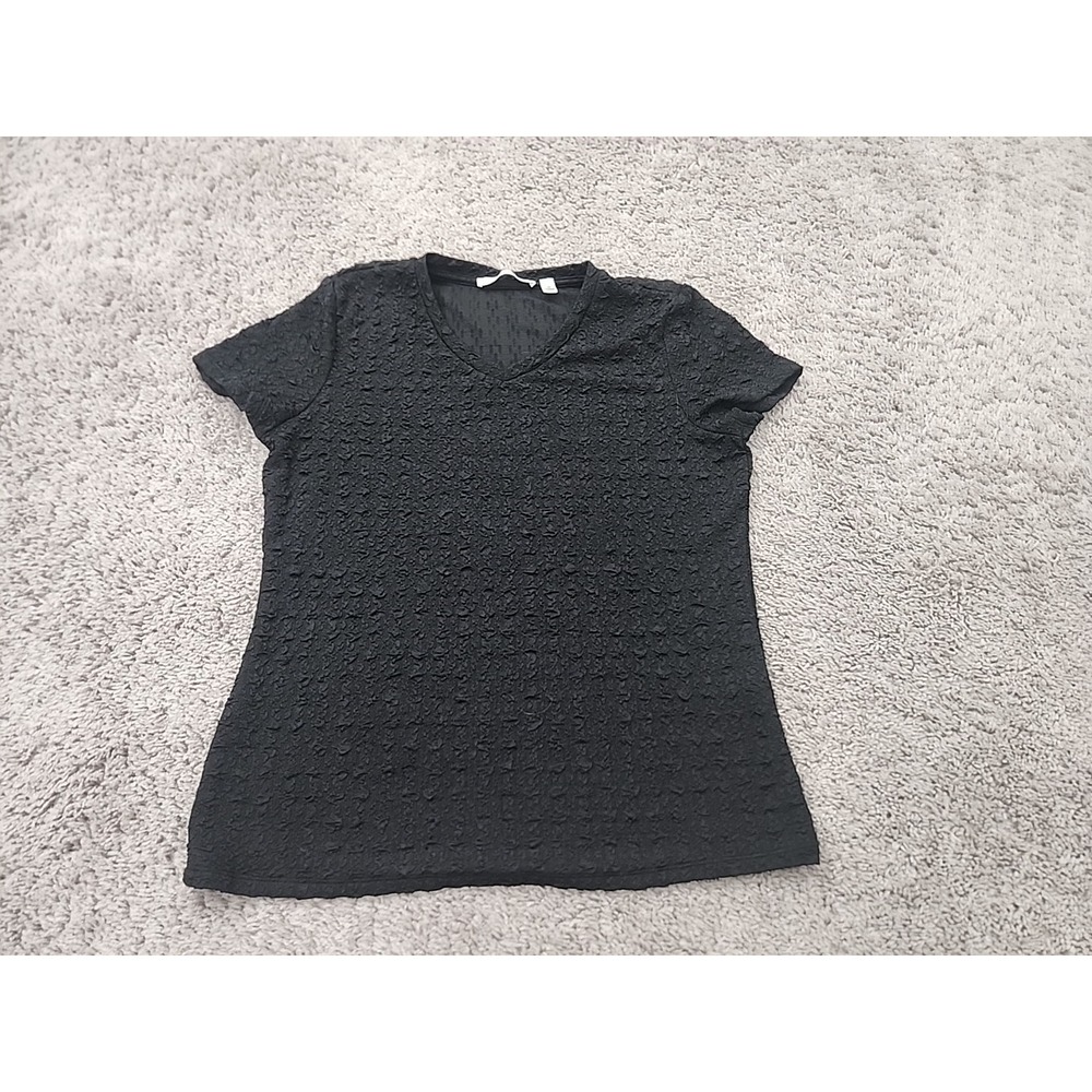 Cyrus Top Womens M Black‎ V-Neck Short Sleeve Puckered Seersucker Casual Chic